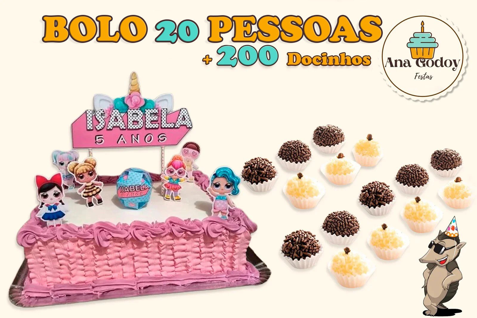 01 BOLO PARA 20 PESSOAS + 100 DOCINHOS