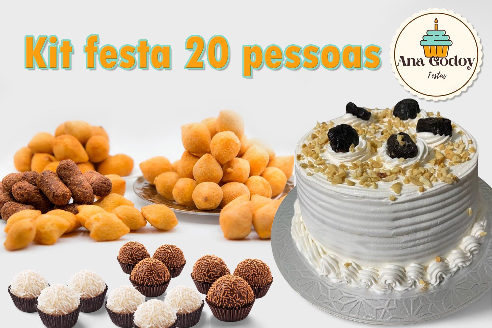 Kit Festas para até 20 pessoas - 200 salgados fritos + 50 docinhos + bolo 20 fatias