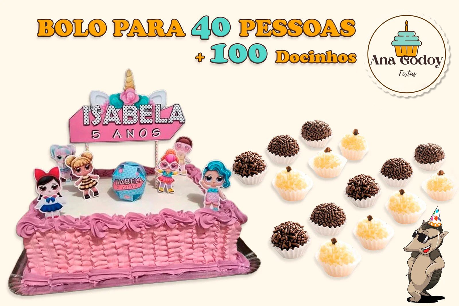 01 BOLO PARA 40 PESSOAS + 100 DOCINHOS